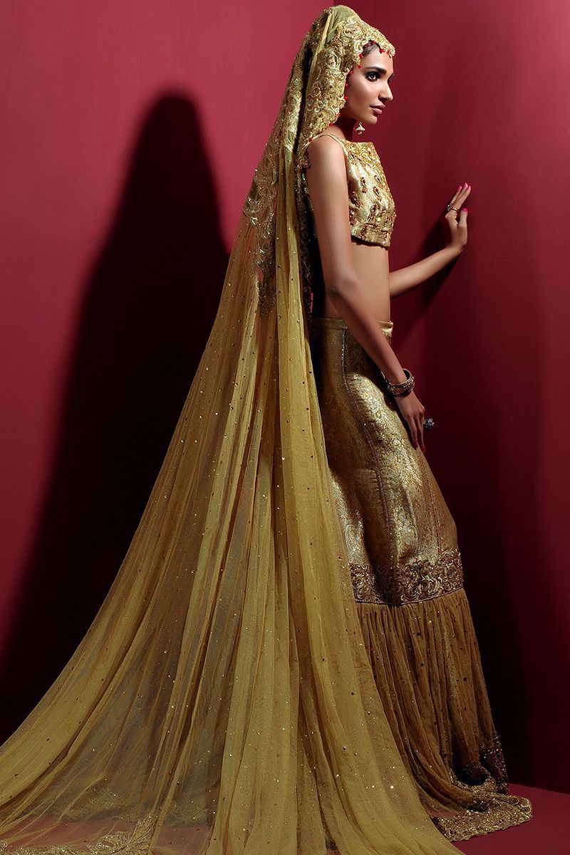 Picture of Gold choli with gharara and grand veil