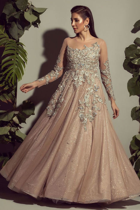 Pastel green floral vine intricate stone embroidery & glitter work long  ruffle frill net gown