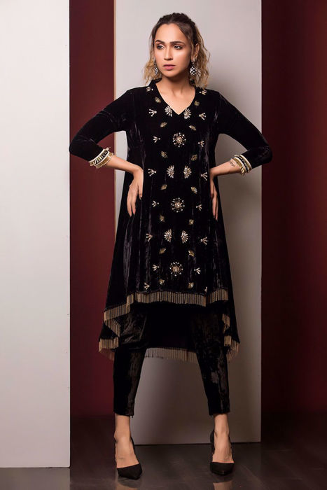 Black handworked velvet top